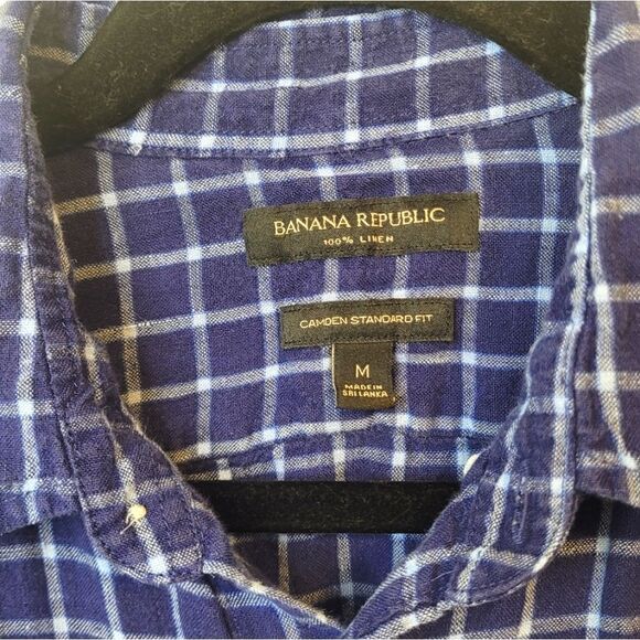 Banana Republic Navy Blue Plaid 100% Linen Camden Standard Fit Shirt - Picture 3 of 5